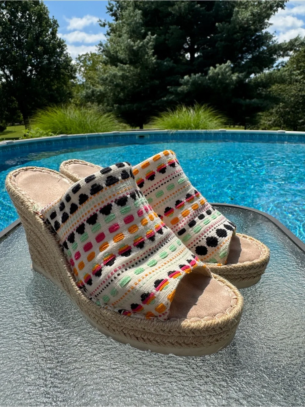 Toms Cream Multicolor Embroidered Wedge Sandals